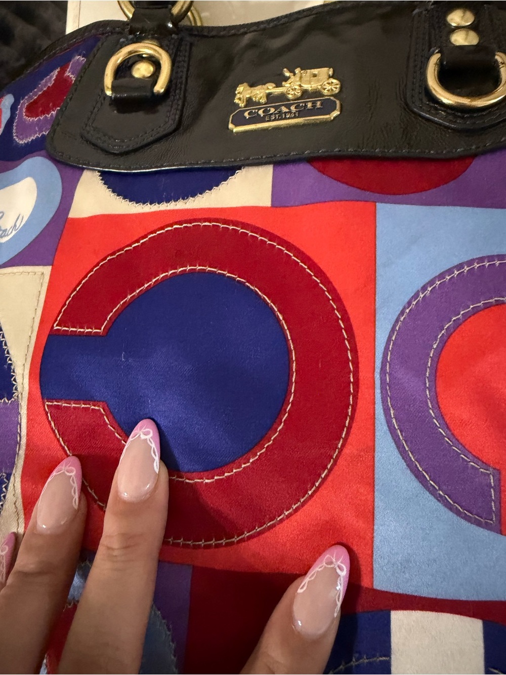 ****SOLD****Coach Multicolor Geometric Patent-Trim Satchel - Blue/Red/Purple - Picture 9 of 13